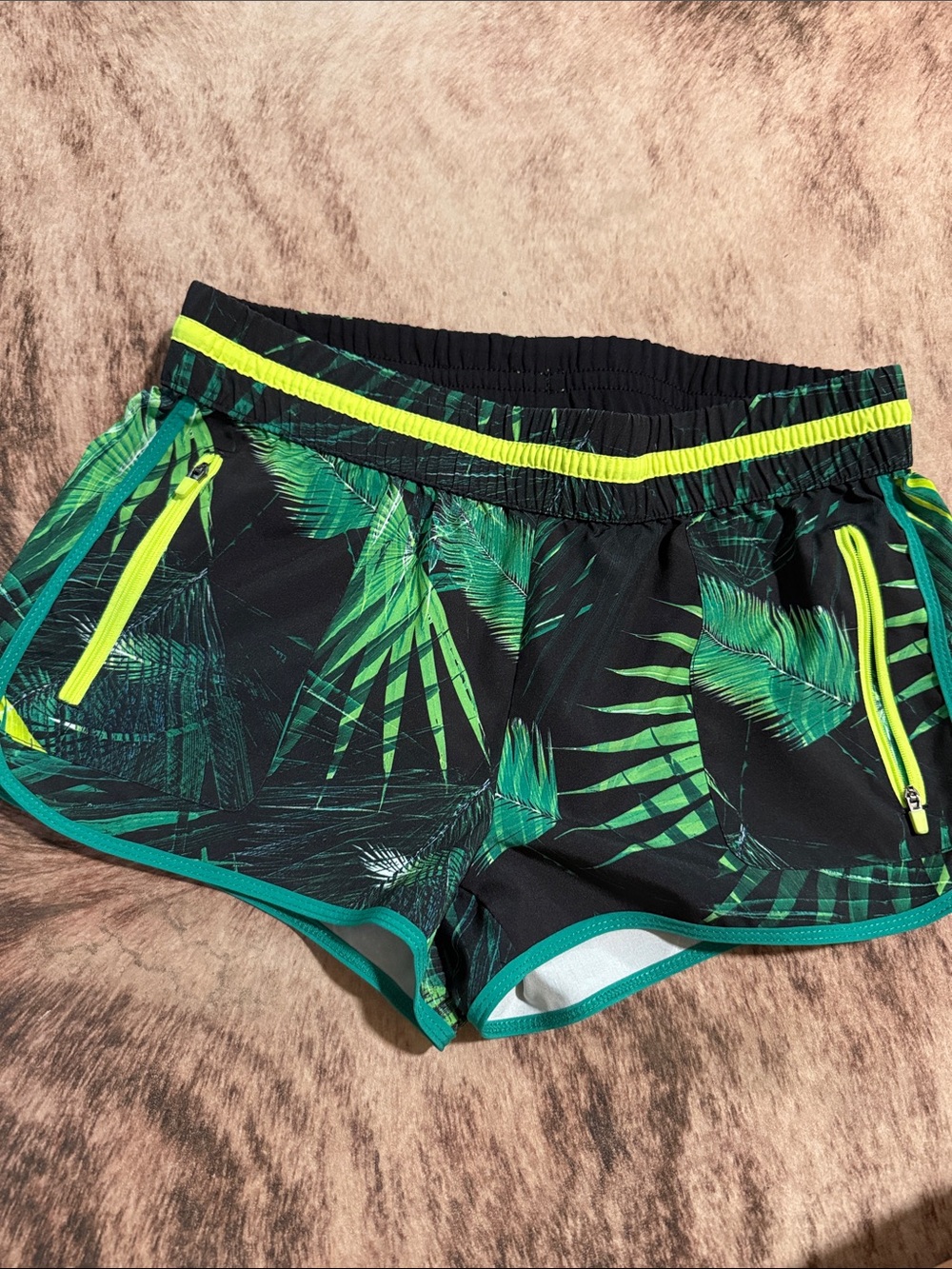 Fabletics Neon-Trim Green Tropical Print Athletic Shorts